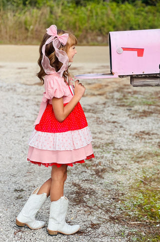 First Love Red and Pink Bow Accent Lace Trim Embroidered Dress with Attached Pettiskirt Preorder