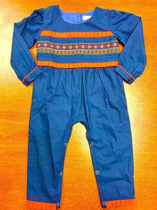 Swedish Embroidery Navy and Orange Pleat Accented Long Bubble Romper Evie's Closet Clothing