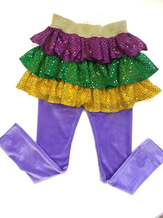 Mambo Purple, Green, and Gold Skirt with Lavender Velvet Leggings Attached Evie's Closet Clothing