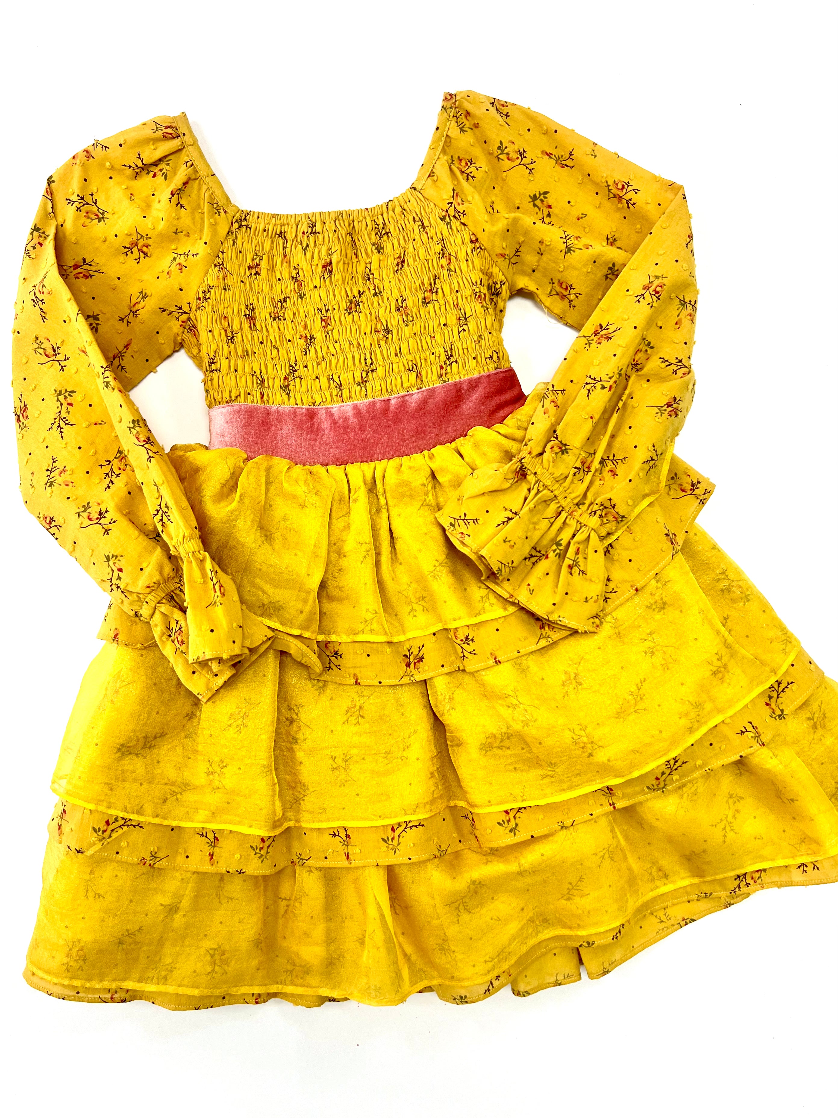 Limited Edition Stay Golden Mustard and Rose Smocked Top Tiered Dress