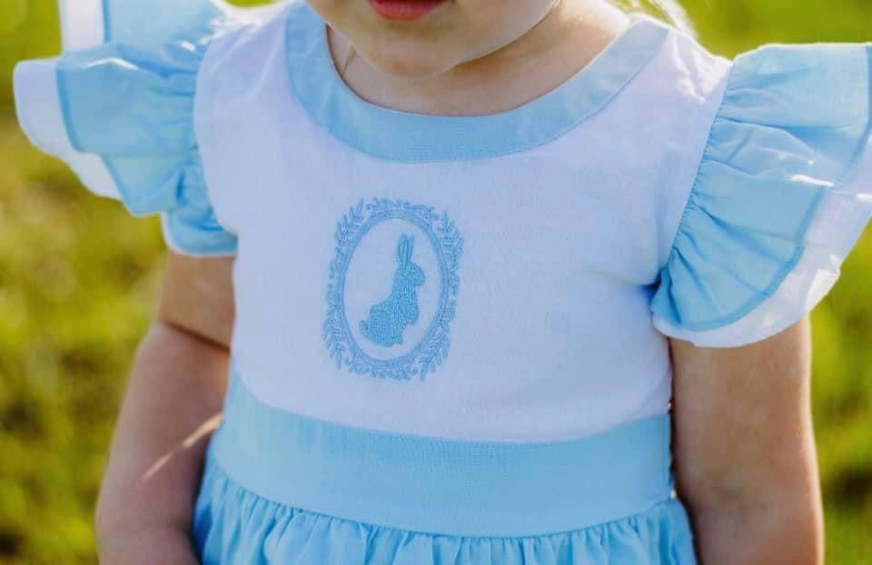 Blue Bunny White and Baby Blue Embroidered Pinafore Dress