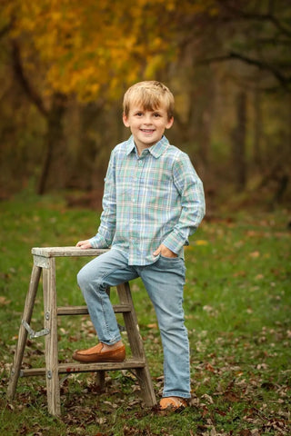 Abundantly Blessed Blue, Teal, and Green Boy's Collared Shirt Evie's Closet Clothing