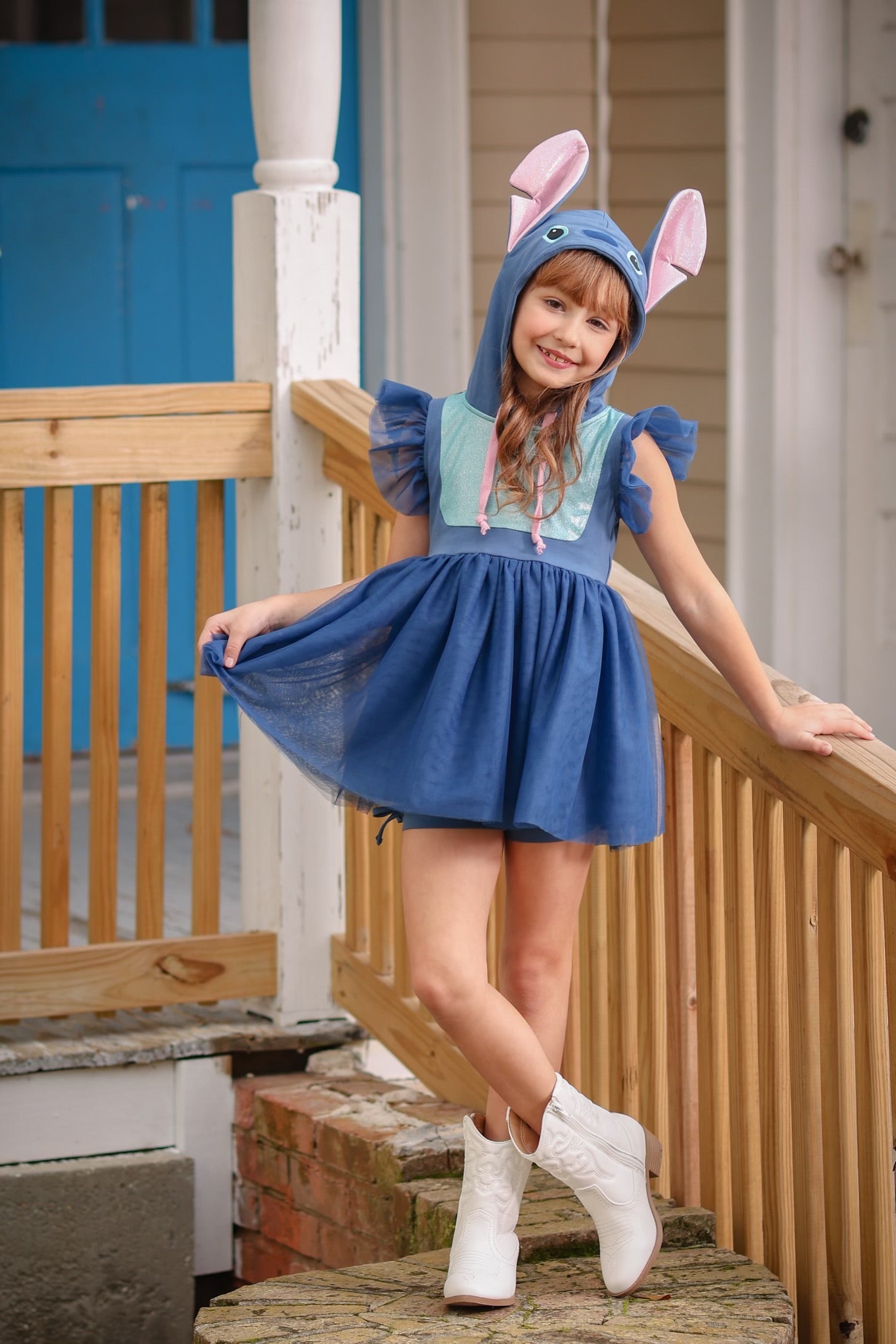 PRE-ORDER - Experimental Dreamer Blue and Ice Blue Hooded Tulle Overlay Couture Length Dress with Shortie Pre-Order