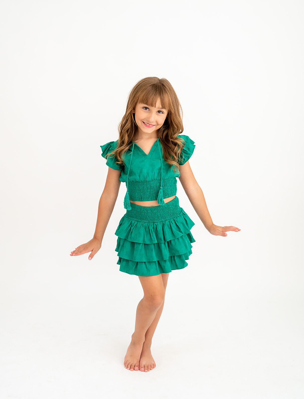 Butterfly Garden Kelly Green Printed Smocked and Tassel Detail Top and Skort Set