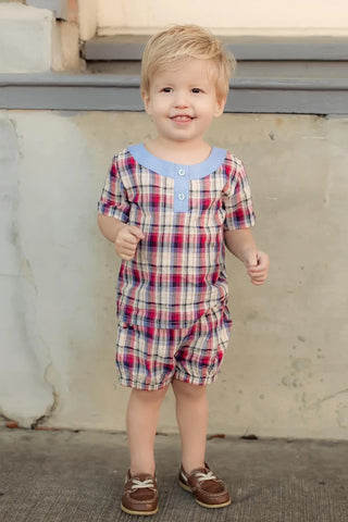 ABC,123 Plaid Boys Henley and Bubble Short Set - Evie's Closet Clothing