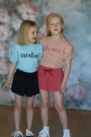 Affirmation: Chosen, Blush and Rose Puff Sleeve Top and Fly Away Shorts - Evie's Closet Clothing