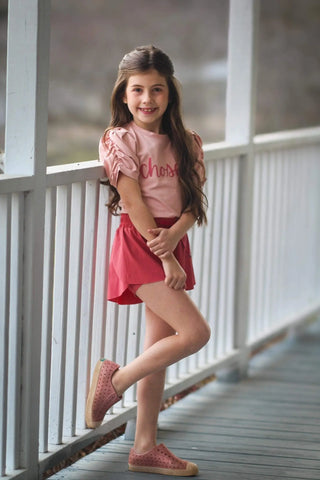 Affirmation: Chosen, Blush and Rose Puff Sleeve Top and Fly Away Shorts - Evie's Closet Clothing