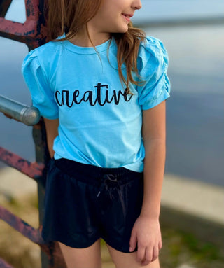 Affirmation: Creative, Baby Blue and Black Puff Sleeve Top and Fly Away Shorts - Evie's Closet Clothing