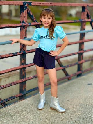 Affirmation: Creative, Baby Blue and Black Puff Sleeve Top and Fly Away Shorts - Evie's Closet Clothing