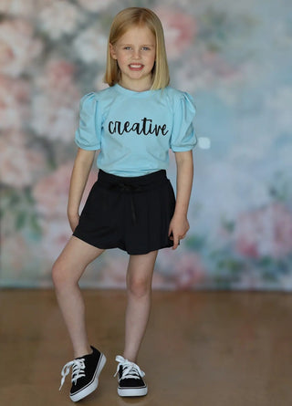 Affirmation: Creative, Baby Blue and Black Puff Sleeve Top and Fly Away Shorts - Evie's Closet Clothing