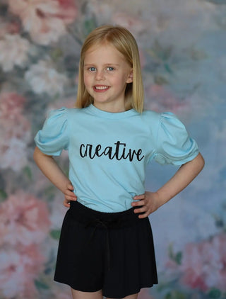 Affirmation: Creative, Baby Blue and Black Puff Sleeve Top and Fly Away Shorts - Evie's Closet Clothing