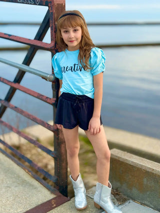 Affirmation: Creative, Baby Blue and Black Puff Sleeve Top and Fly Away Shorts - Evie's Closet Clothing