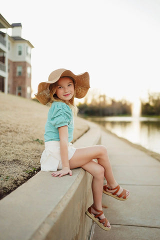 Affirmation: Joyful, Aqua and Ivory Puff Sleeve Top and Ivory Fly Away Shorts - Evie's Closet Clothing