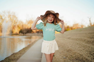 Affirmation: Joyful, Aqua and Ivory Puff Sleeve Top and Ivory Fly Away Shorts - Evie's Closet Clothing