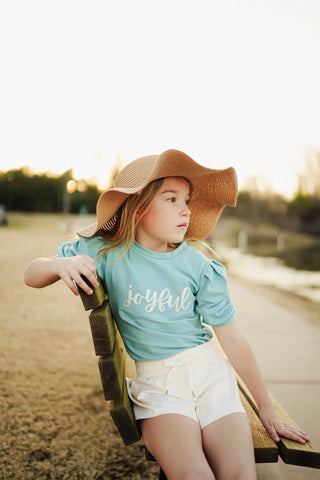 Affirmation: Joyful, Aqua and Ivory Puff Sleeve Top and Ivory Fly Away Shorts - Evie's Closet Clothing