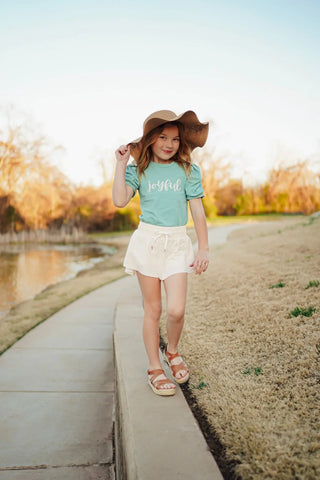 Affirmation: Joyful, Aqua and Ivory Puff Sleeve Top and Ivory Fly Away Shorts - Evie's Closet Clothing