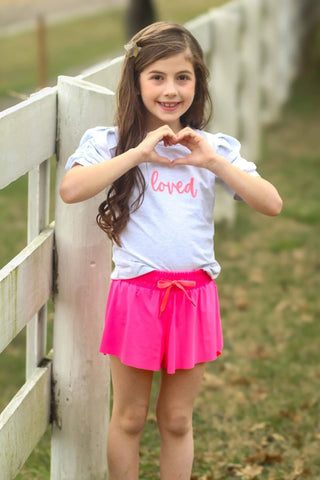 Affirmation: Loved, Heathered Gray and Hot Pink Puff Sleeve Top and Fly Away Shorts - Evie's Closet Clothing