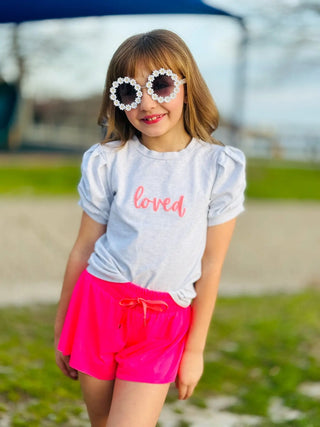 Affirmation: Loved, Heathered Gray and Hot Pink Puff Sleeve Top and Fly Away Shorts - Evie's Closet Clothing