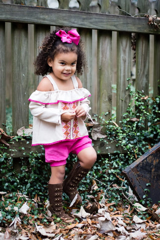 Boho Beauty Wheat and Hot Pink Cold Shoulder Top and Corduroy Shortie Set - Evie's Closet Clothing