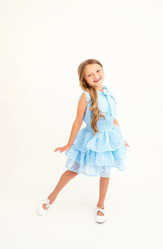 Butterfly Kisses Cloud Blue Dotted Simplicity Dress with Neck Bow Detail, Smocked Waist, and Tiered Ruffle Skirt as - Evie's Closet Clothing