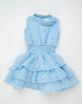 Butterfly Kisses Cloud Blue Dotted Simplicity Dress with Neck Bow Detail, Smocked Waist, and Tiered Ruffle Skirt as - Evie's Closet Clothing