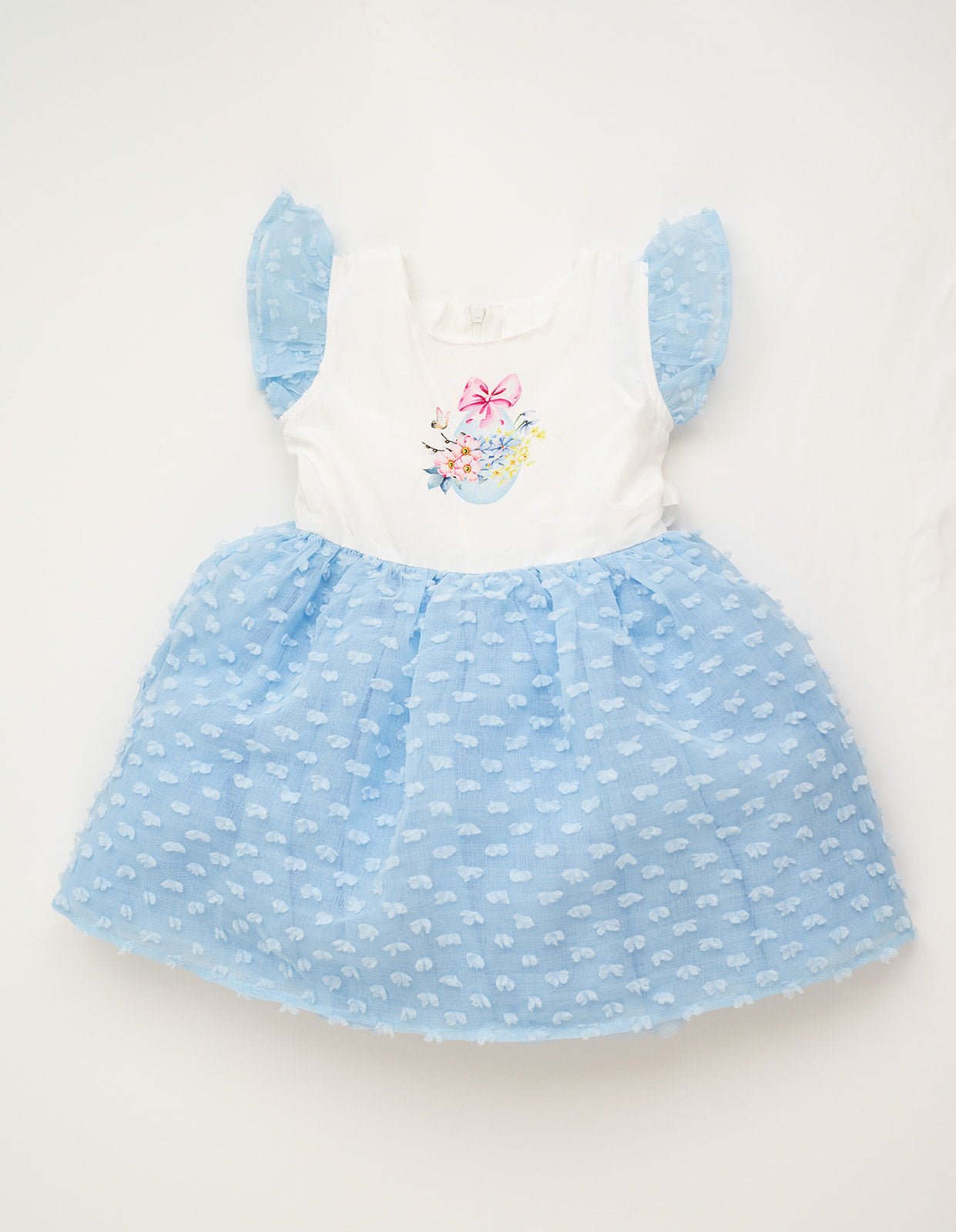 Butterfly Kisses Soft White and Cloud Blue Watercolor Printed Dotted Overlay Dress - Evie's Closet Clothing