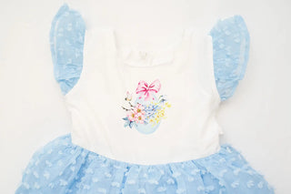 Butterfly Kisses Soft White and Cloud Blue Watercolor Printed Dotted Overlay Dress - Evie's Closet Clothing