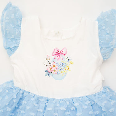 Butterfly Kisses Soft White and Cloud Blue Watercolor Printed Dotted Overlay Dress - Evie's Closet Clothing