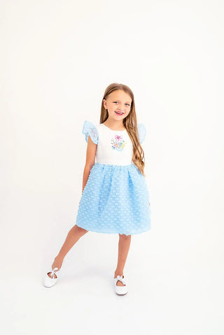 Butterfly Kisses Soft White and Cloud Blue Watercolor Printed Dotted Overlay Dress - Evie's Closet Clothing