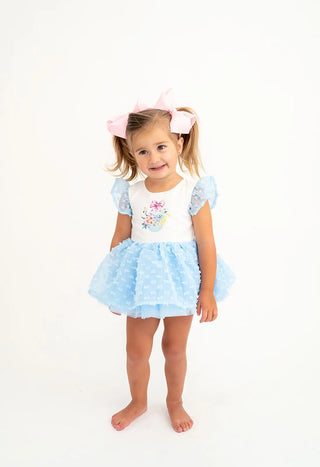 Butterfly Kisses Soft White and Cloud Blue Watercolor Printed Dotted Overlay Skirted Bubble - Evie's Closet Clothing