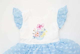 Butterfly Kisses Soft White and Cloud Blue Watercolor Printed Dotted Overlay Skirted Bubble - Evie's Closet Clothing