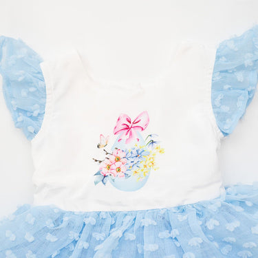 Butterfly Kisses Soft White and Cloud Blue Watercolor Printed Dotted Overlay Skirted Bubble - Evie's Closet Clothing