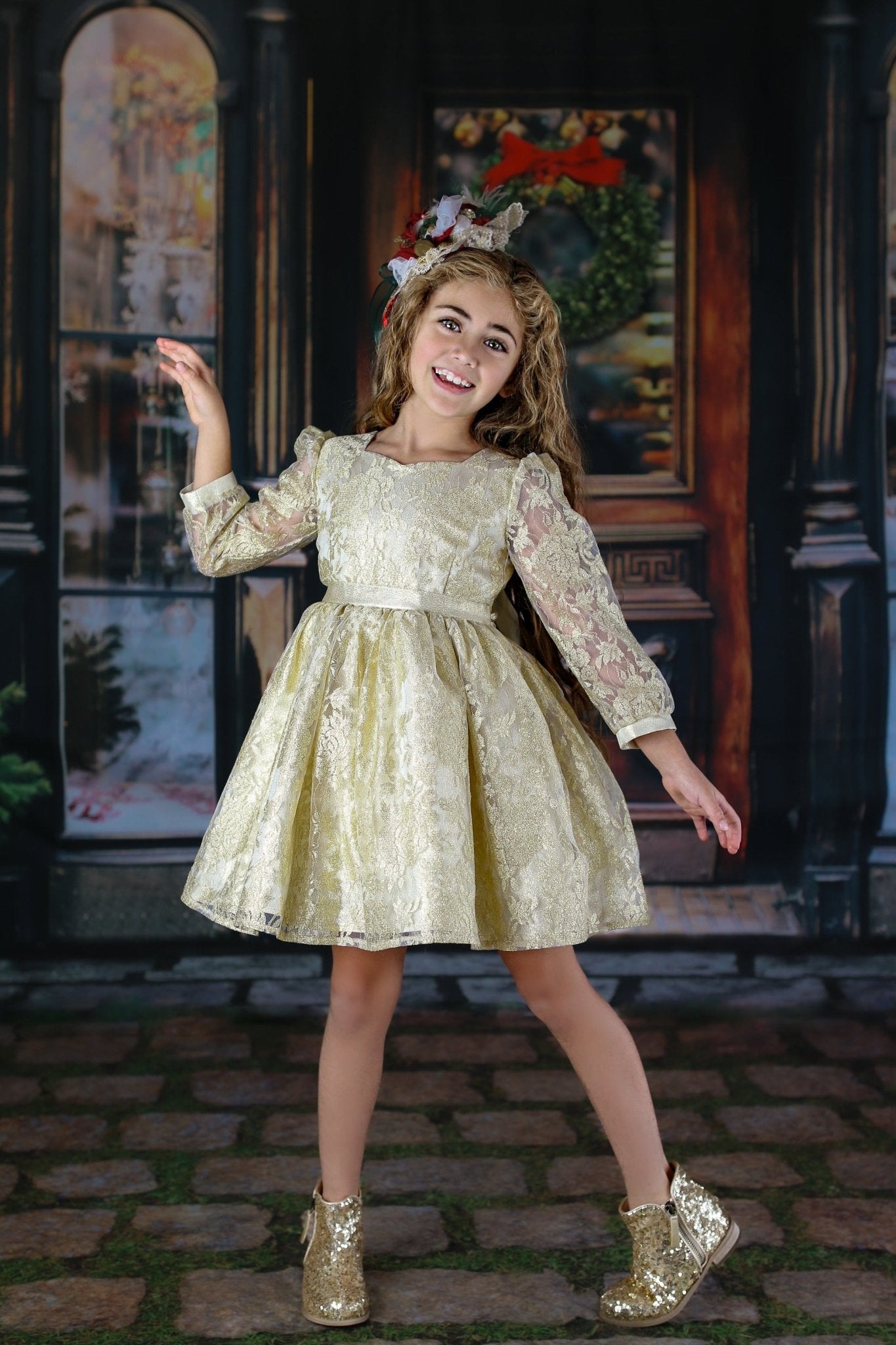 Carmela Candlelight Gold Lace Overlay Attached Petti Dress - Evie's Closet Clothing