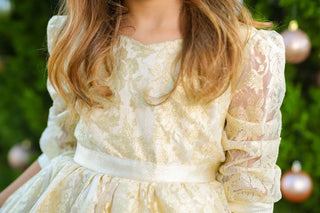 Carmela Candlelight Gold Lace Overlay Attached Petti Dress - Evie's Closet Clothing