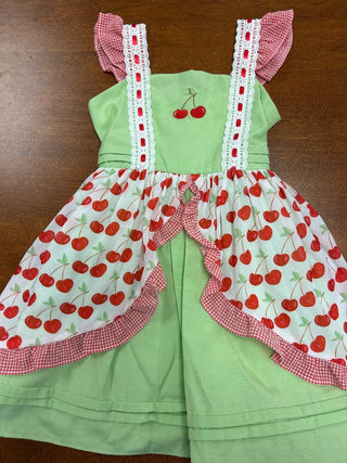 Cherry, Cherry Lime and Red Embroidered Dress (OOAK) with matching blooms - Evie's Closet Clothing