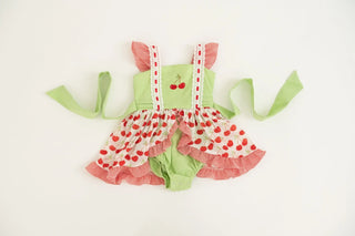 Cherry, Cherry Lime and Red Embroidered Skirted Bubble - OOAK - Evie's Closet Clothing