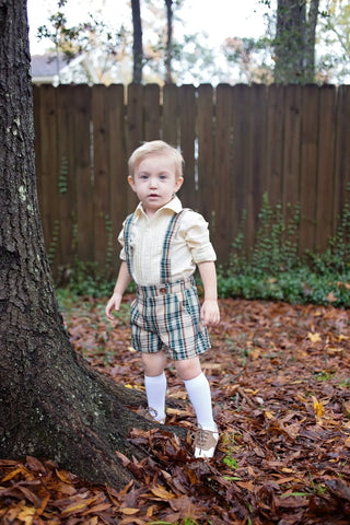 Classically Charming Ivory, Tan, and Black Plaid Shirt and Suspender Short Set - Evie's Closet Clothing