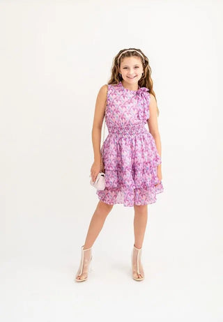 Consider the Lillies Lilac Printed Chiffon Bow Neck, Smocked Waist, Tiered Ruffle Dress - Evie's Closet Clothing