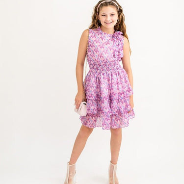 Consider the Lillies Lilac Printed Chiffon Bow Neck, Smocked Waist, Tiered Ruffle Dress - Evie's Closet Clothing