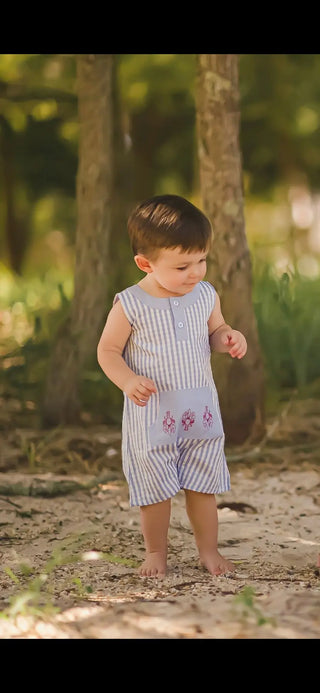 Crawfish Cutie Pinstripe Crawfish Embroidered Romper - Evie's Closet Clothing