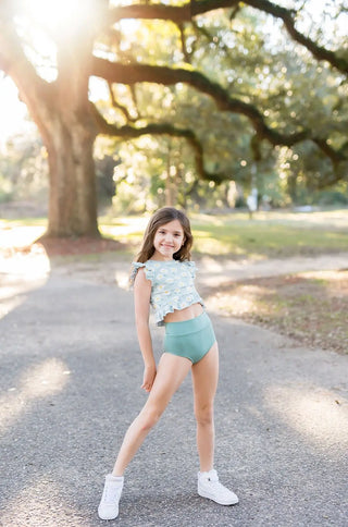 Daisy Days Printed Seafoam Flutter Sleeve Top and Brief Dance Set - Evie's Closet Clothing