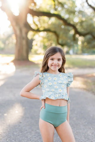 Daisy Days Printed Seafoam Flutter Sleeve Top and Brief Dance Set - Evie's Closet Clothing