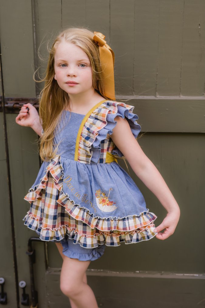 Dance in the Rain Chambray and Plaid Embroidered Vintage Length Tunic Top and Shortie Set - Evie's Closet Clothing