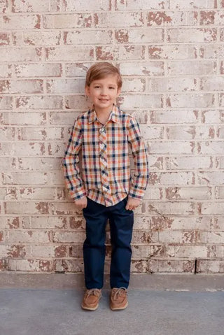 Dance in the Rain Navy, Khaki, Orange, and Ivory Plaid Boys Shirt - Evie's Closet Clothing