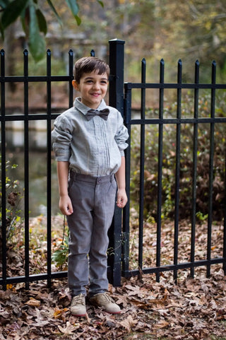 Definitely Dapper Gray Collared Shirt, Bow Tie, and Corduroy Pants - Evie's Closet Clothing