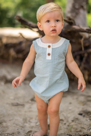 Farmhouse Teal and Ivory Checkered Henley Bubble - Evie's Closet Clothing