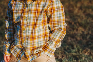 Find The Sunlight Mustard and Sage Plaid Boys Button Up Shirt - Evie's Closet Clothing