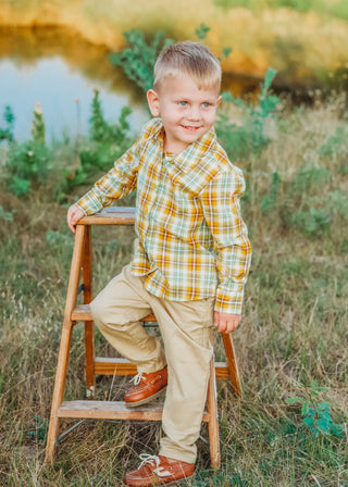 Find The Sunlight Mustard and Sage Plaid Boys Button Up Shirt - Evie's Closet Clothing