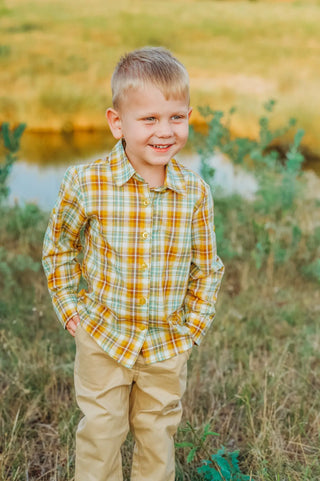 Find The Sunlight Mustard and Sage Plaid Boys Button Up Shirt - Evie's Closet Clothing