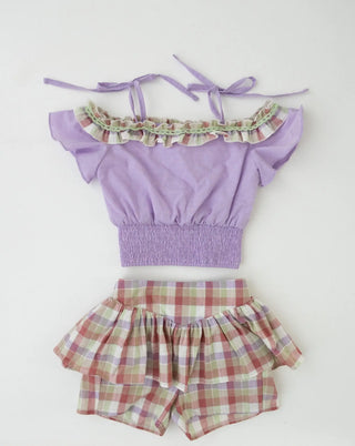 Full Bloom Lavender and Plaid Blouse and Short Set - Evie's Closet Clothing